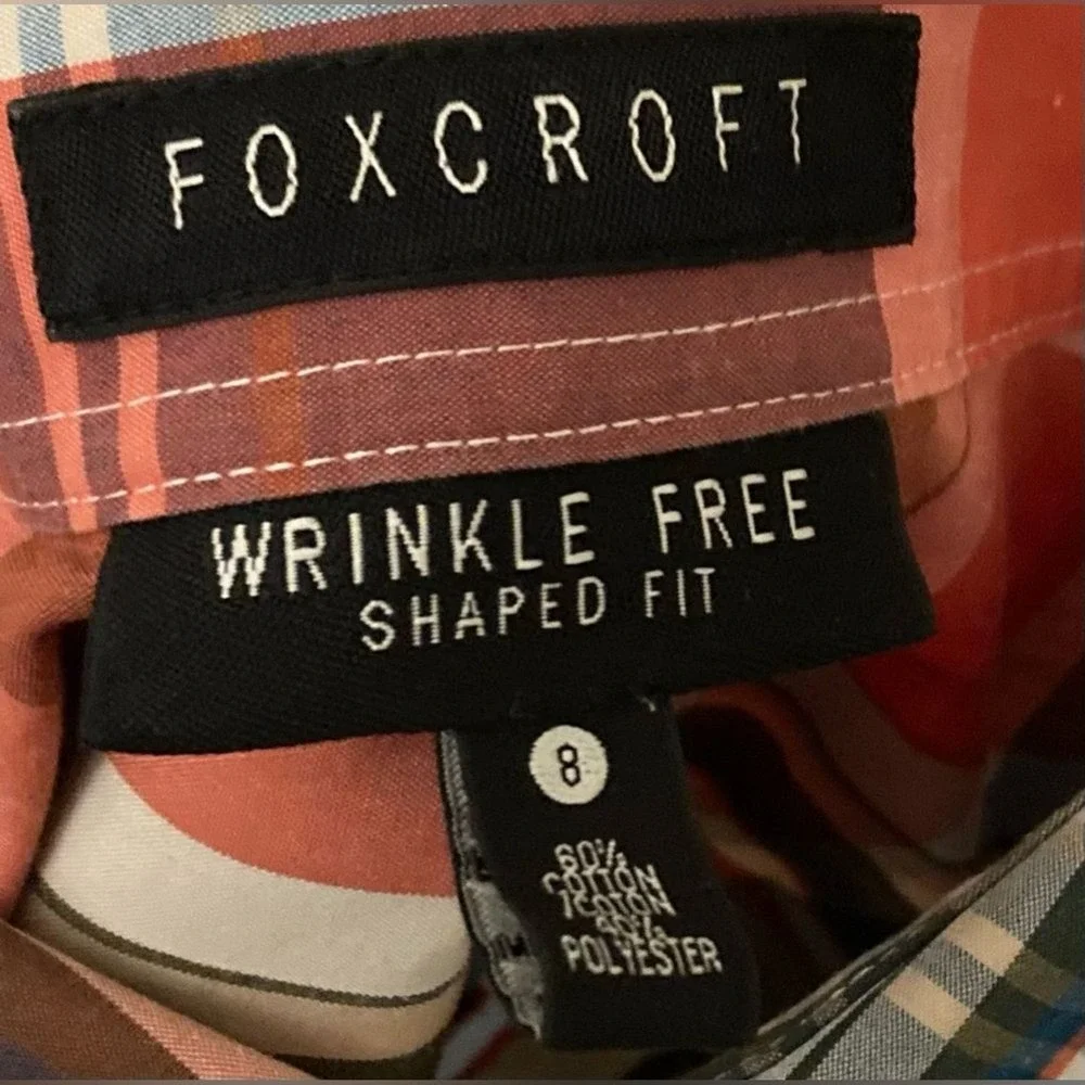 Foxcroft Wrinkle Free Plaid Button Down Shirt Mens 8 Shaped Fit 3/4 Sleeve Multi
